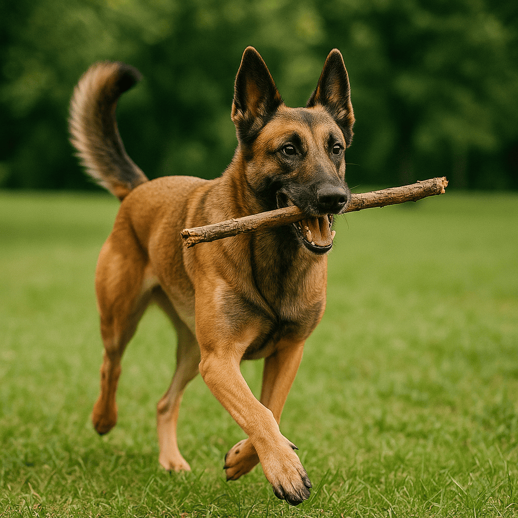 Perro adulto de raza pastor corriendo en un parque con un palo en la boca, rodeado de césped verde.